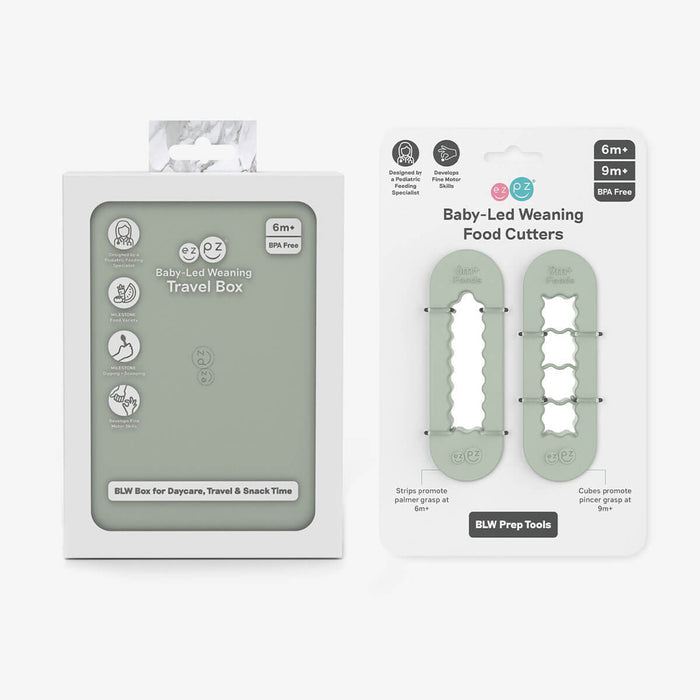 ezpz baby-led weaning travel box and food cutters in sage green is an all-in-one feeding + storage system that helps families pack, transport, and serve baby’s meals when away from home #color_sage