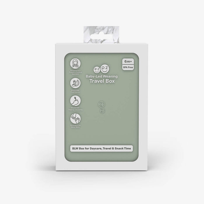 ezpz travel box in sage green is an all-in-one feeding + storage system that helps families pack, transport, and serve baby’s meals when away from home #color_sage