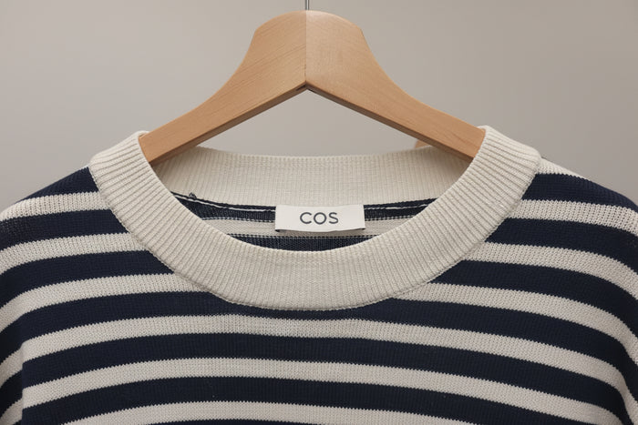COS (M) Navy-Blue & White Striped Fine-Knit Jumper UK 10 12 EU 38 40 - 100% Cotton