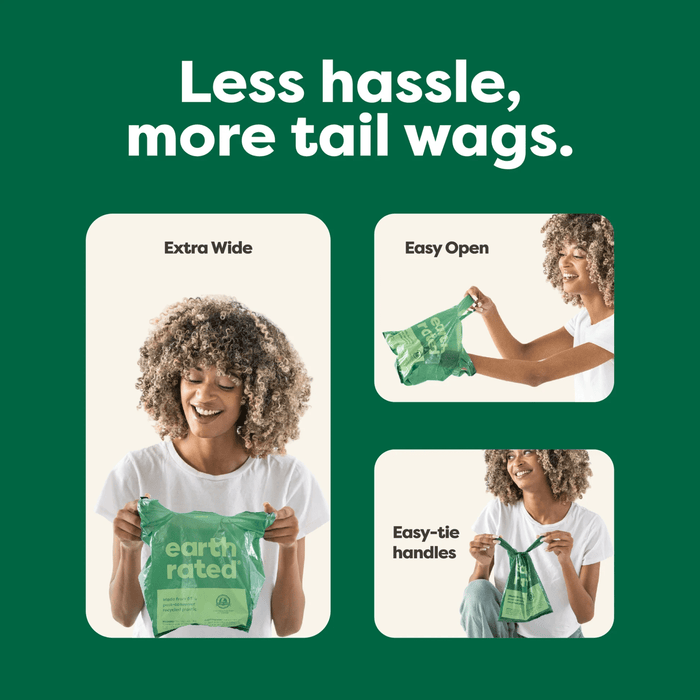 Green background with three images of a woman using an Earth Rated Poop bag with handles demonstrating the following features: Extra wide, easy open and easy-tie handles. At the top of the image is text 'Less hassle, more tail wags'.