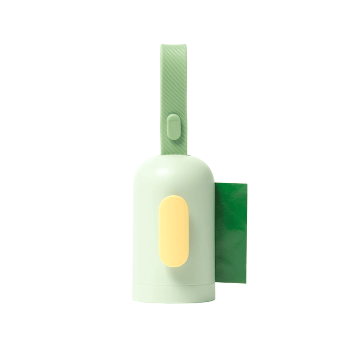 White background with light green Earth Rated poop bag dispenser with a bag sticking out to the side and a yellow hook on the back.
