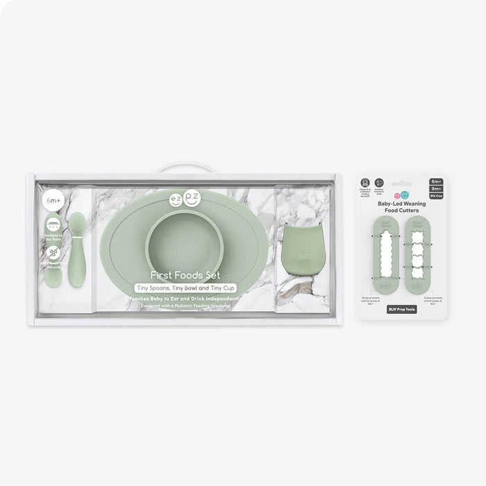ezpz First Foods Set in Sage Green and Baby Led Food Cutters Bundle #color_sage