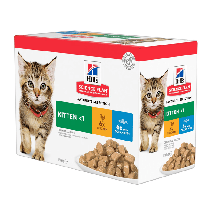 Box of wet cat food pouches with a brown tabby kitten pictured on the box, text on the box says 'Kitten <1' and 'with Chicken x6 and with Ocean Fish x6' below is a picture of the wet food.