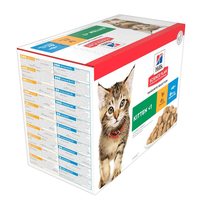 Side view of box of wet cat food pouches with a brown tabby kitten pictured on the box, text on the box says 'Kitten <1' and 'with Chicken x6 and with Ocean Fish x6' below is a picture of the wet food.