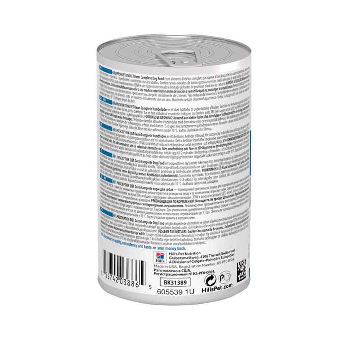 Back view of Hills Prescription Derm Complete Adult dog food tin on a white background.