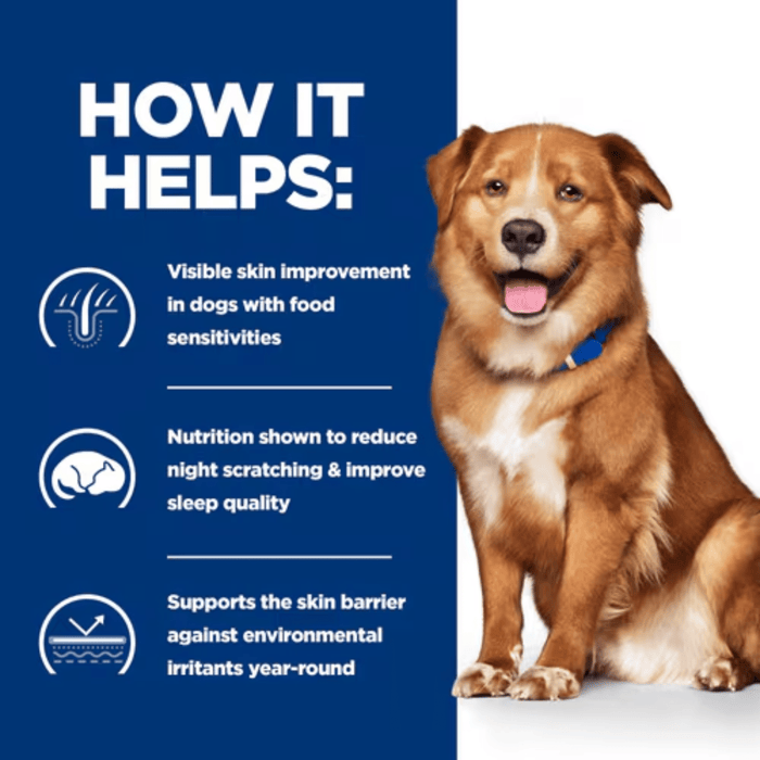 Picture of an adult brown and white dog pictured next to a blue section with white text stating 'How it helps: Visible skin improvement in dogs with food sensitivities, Nutrition shown to reduce night scratching & improve sleep quality, Supports the skin barrier against environmental irritants year-round.'