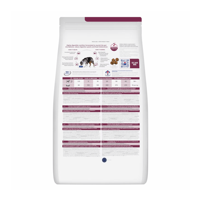 Back view of bag of Hills Prescription Diet i/d Sensitive dry food packaged in a white bag on white background.