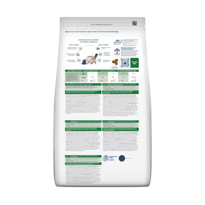 Back view of bag of Hills Prescription Diet R/D Weight Loss dry cat food packaged in a white bag on white background.