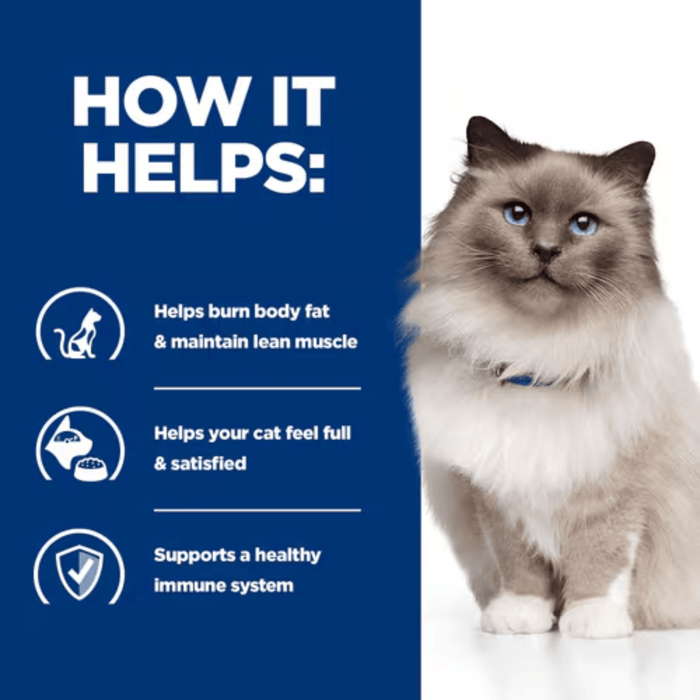 Picture of an adult Ragdoll cat pictured next to a blue section with white text stating 'How it helps: Helps burn body fat & maintain lean muscle, Helps your cat feel full & satisfied, Supports a healthy immune system.'
