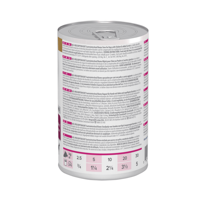 Back view of Hills Prescription Gastrointestinal Biome with Chicken Adult dog food tin on a white background.