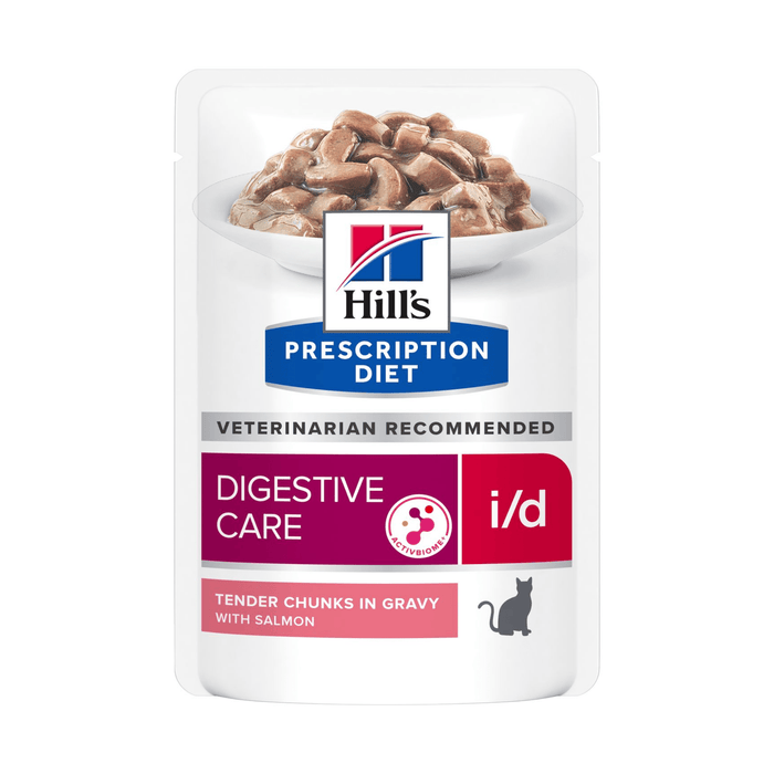 Hills Prescription cat food pouch with a bowl full of food pictured on the packet, text reads 'Digestive Care, I/D' and 'Tender chunks in Gravy with Salmon' on a white background.