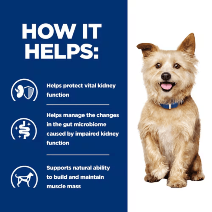 Picture of an adult Cairn Terrier dog pictured next to a blue section with white text stating 'How it helps: Helps protect vital kidney function, Helps manage the changes in the gut microbiome caused by impaired kidney function, Supports natural ability to build and maintain muscle mass.'