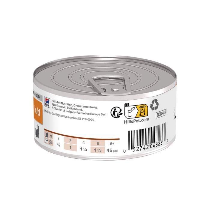 Back view of Hills Prescription Kidney Care Adult cat food tin on a white background.