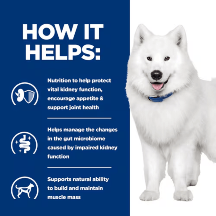 Picture of an adult Samoyed dog pictured next to a blue section with white text stating 'How it helps: Nutrition to help protect vital kidney function, encourage appetite & support joint health, Helps manage the changes in the gut microbiome caused by impaired kidney function, Supports natural ability to build and maintain muscle mass'.