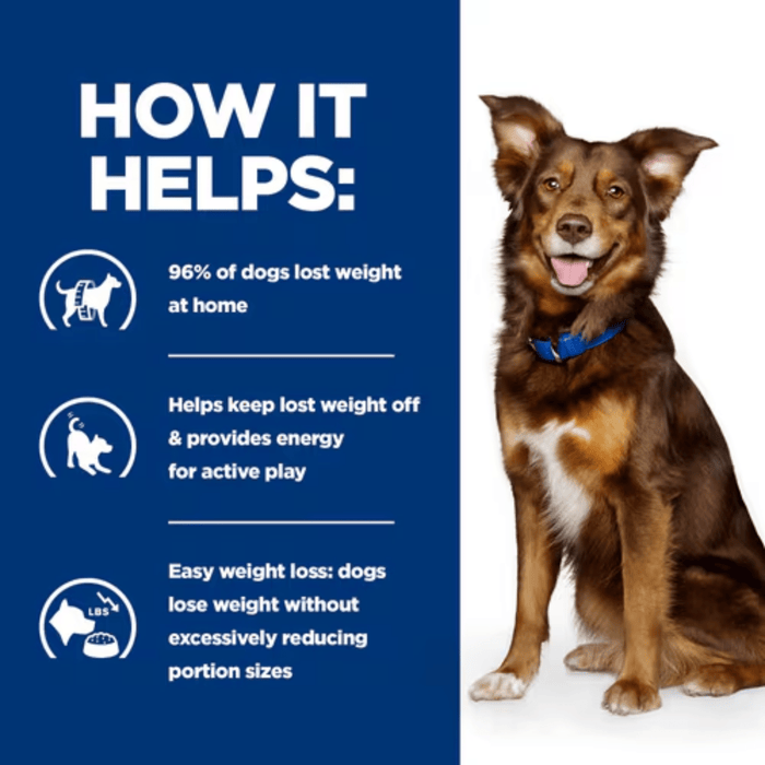 Picture of an adult brown and tan dog pictured next to a blue section with white text stating 'How it helps: 96% of dogs lost weight at home, Helps keep lost weight off & provides energy for active play, Easy weight loss: dogs lose weight without excessively reducing portion sizes'.