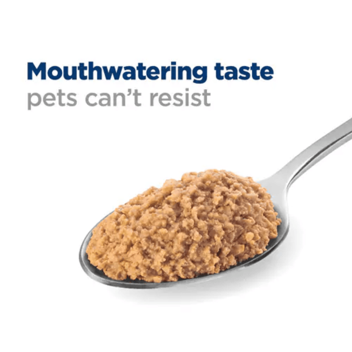 Hills Prescription Metabolic +Mobility dog food on a spoon, with text above 'Mouth-watering taste pets can't resist.'