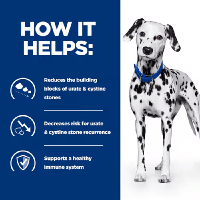 Picture of an adult Dalmatian dog pictured next to a blue section with white text stating 'How it helps: Reduces the building blocks of urate & cystine stones, Decreases risk of urate & cystine stone recurrence, Supports a healthy immune system'.