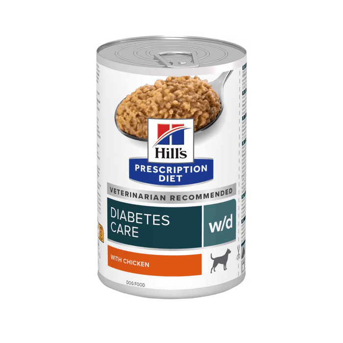 Hills Prescription dog food tin with a spoon full of food pictured on the label, text reads 'Diabetes Care, W/D' and 'with Chicken' on a white background.