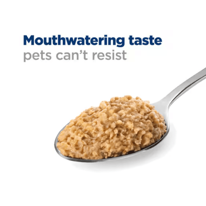 Hills Prescription Diabetes Care dog food on a spoon, with text above 'Mouth-watering taste pets can't resist.'