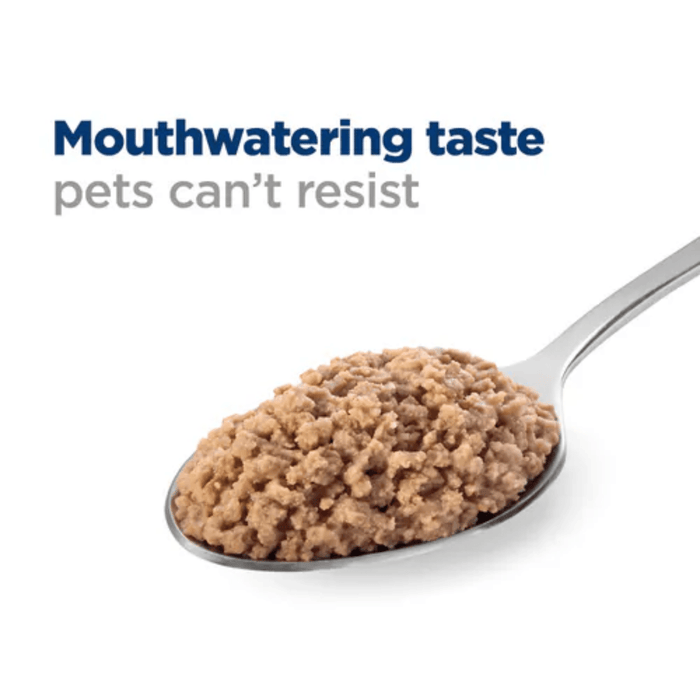 Hills Prescription Thyroid cat food on a spoon, with text above 'Mouth-watering taste pets can't resist.'