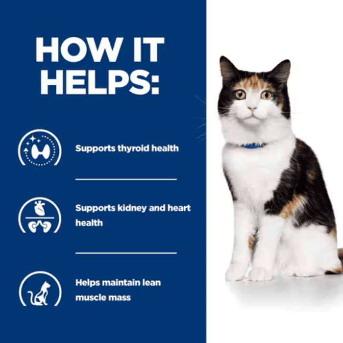 Picture of an adult black, ginger and white cat pictured next to a blue section with white text stating 'How it helps: Supports thyroid health, Supports kidney and heart health, Helps maintain lean muscle mass.'