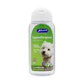 White background with a clear bottle of Johnson's Veterinary Hypoallergenic shampoo, on the bottle is a green label with a white Westland terrier and text saying 'Vegan friendly, Paraben free'.