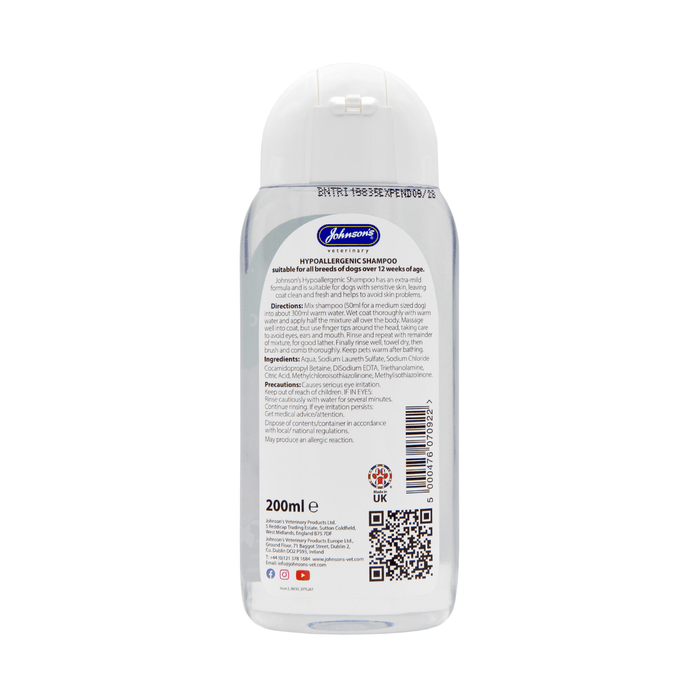 White background with a back view of a  clear bottle of Johnson's Veterinary Hypoallergenic shampoo, on the bottle is a white label.