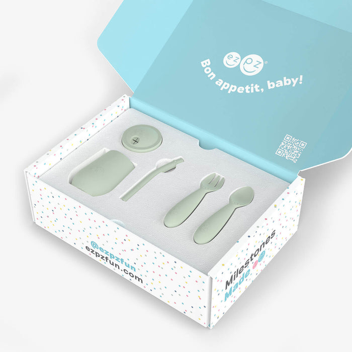 ezpz Developmental Kit Stage 3 in Sage Green / ezpz Mini Mat, Mini Cup + Straw Training System, and Mini Utensils #color_sage