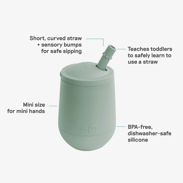 The Mini Cup + Straw in Sage by ezpz / Silicone Drinking Cup and Straw Training System for Toddlers #color_sage