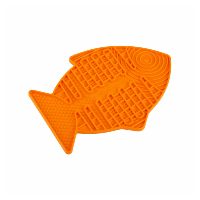 White background with a orange fish shaped LickiMat Casper slow feeder mat with a ridged and bobbled surface, shaped like a fish bone.