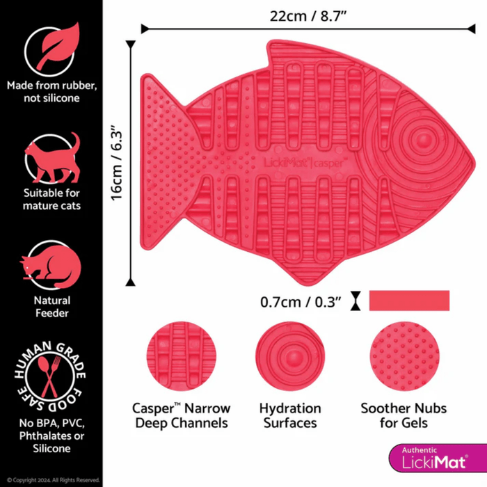 White background with a red fish shaped LickiMat Casper slow feeder mat with a ridged and bobbled surface, shaped like a fish bone. Measurements above indicating width of 22cm and to the side showing depth of 16cm. Below is the many features of the mat.
