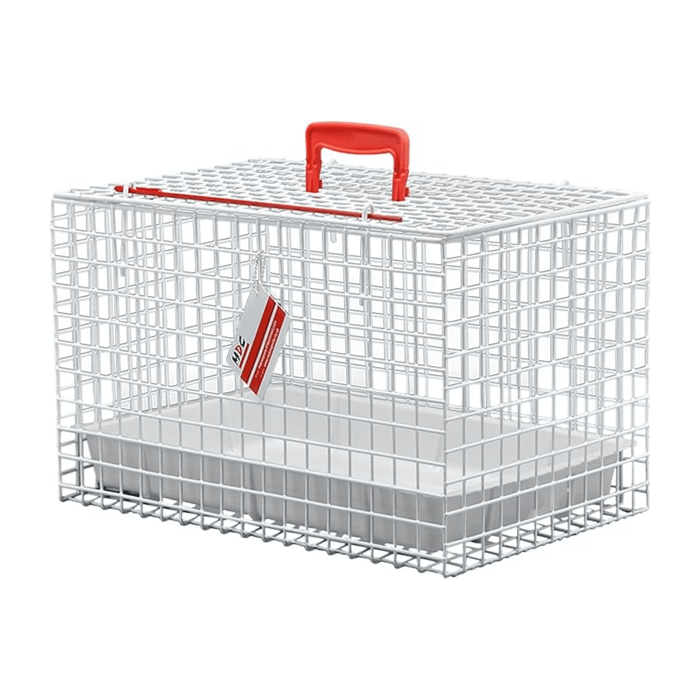 White background with a white mesh MDC cat carrier with a white tray inside and a red handle and pin.