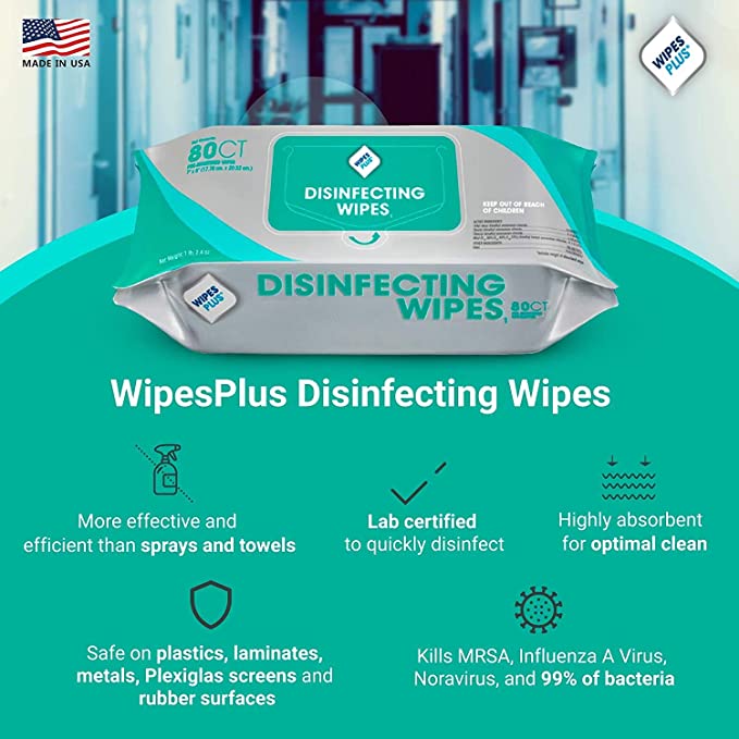 WipesPlus Disinfecting Wipes - 80 Disinfectant Wipes per Pack - Made in the USA